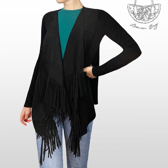 INC International Concepts / Draped Fringe Suede Cardigan / Size S / Color Black - Picture 3 of 6